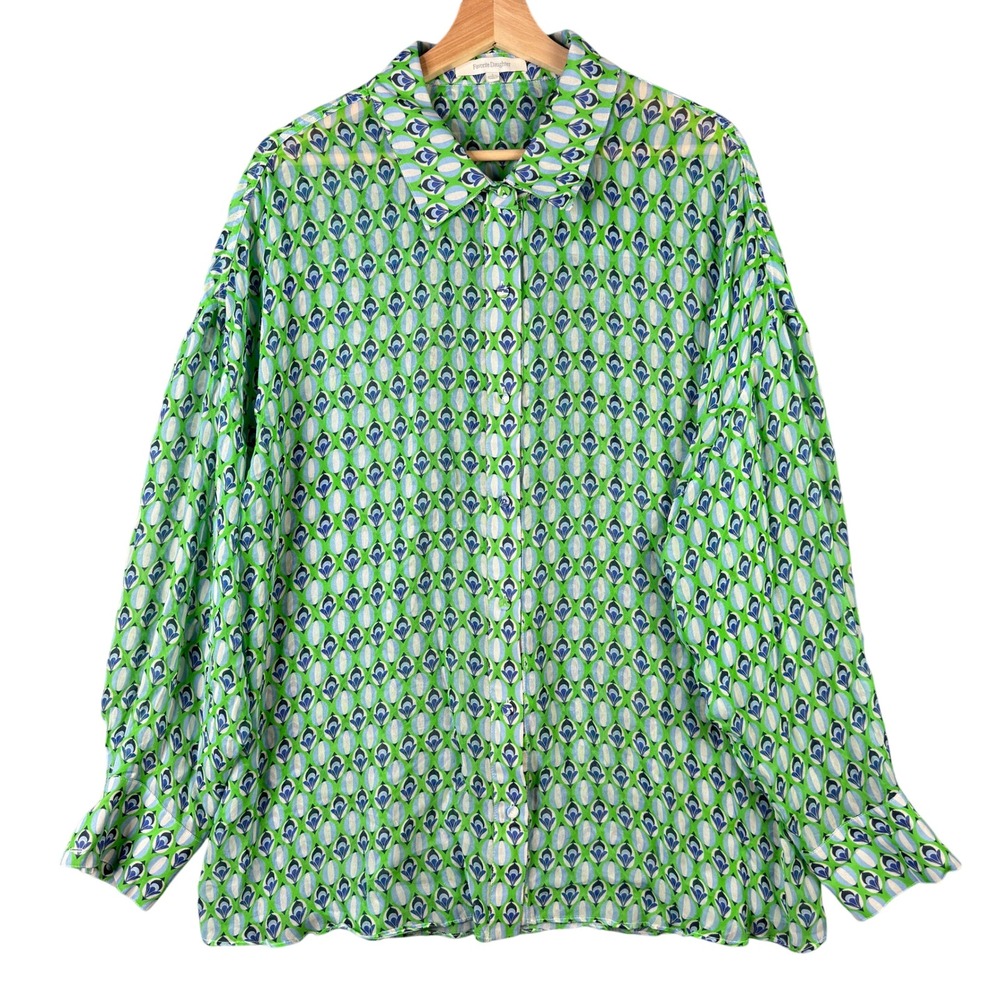 Favorite Daughter The Oversized Shirt Green Geometric Floral Print Viscose L